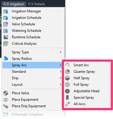 F/X Irrigation menu, Spray Arc options